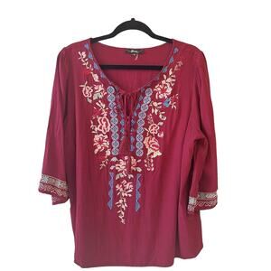 Andree by Unit Womens Plus 1X Floral Embroidered Tunic Top Maroon Red Boho